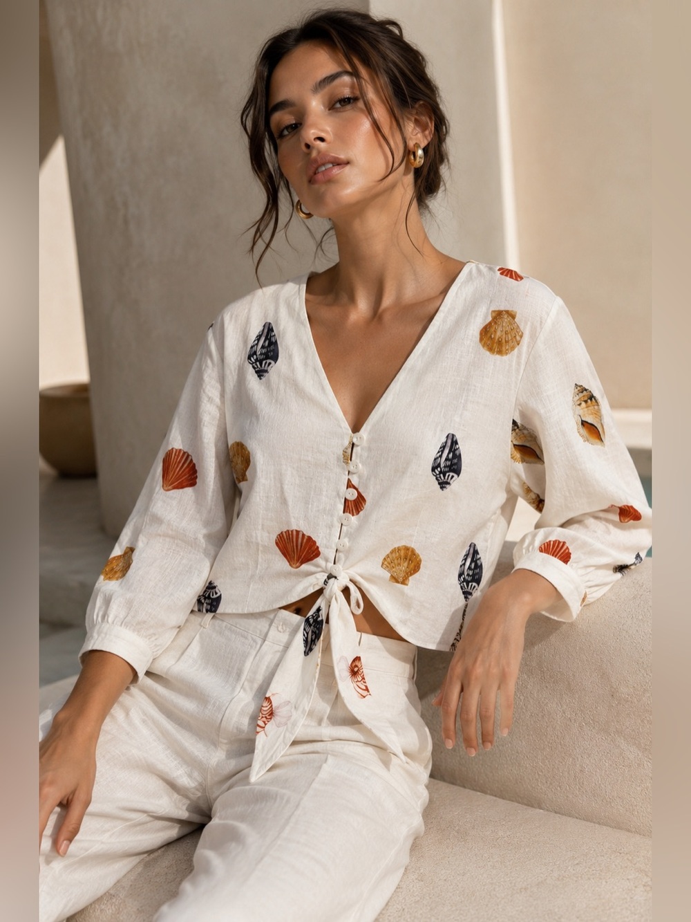 Rachel Zoe Seashell Print Linen Blend Tie Front Blouse S